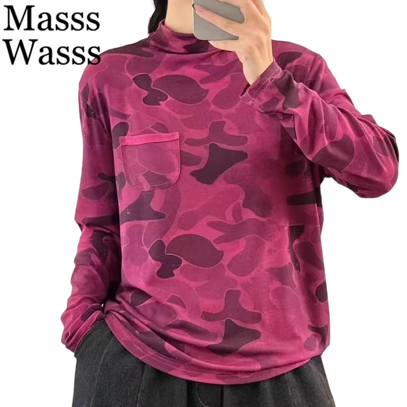 

Masss Wasss Brand Loose Turtleneck Tops Females Classic Fashion Loose Camouflage Printed T-shirts Ladies Floral Cotton Clothes