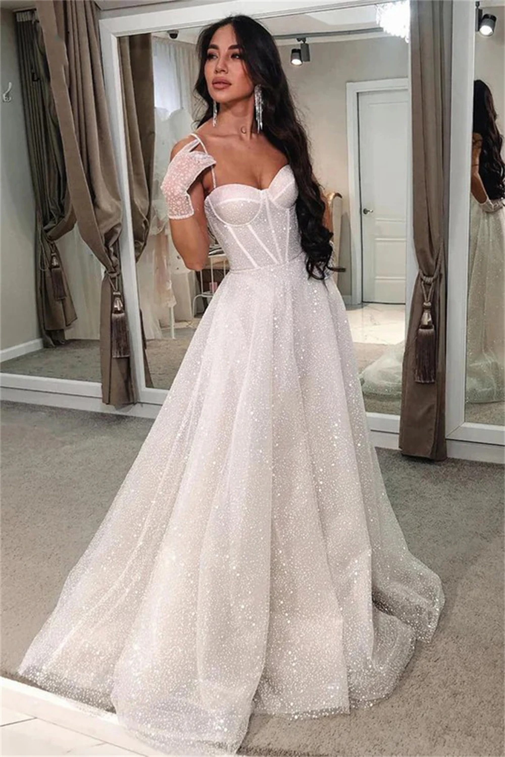 Beach Glitter Wedding Dress Strapless Party Bridal Dresses Arabic mariee Shiny Bridal Gowns Simple Wedding Evening Party Gown