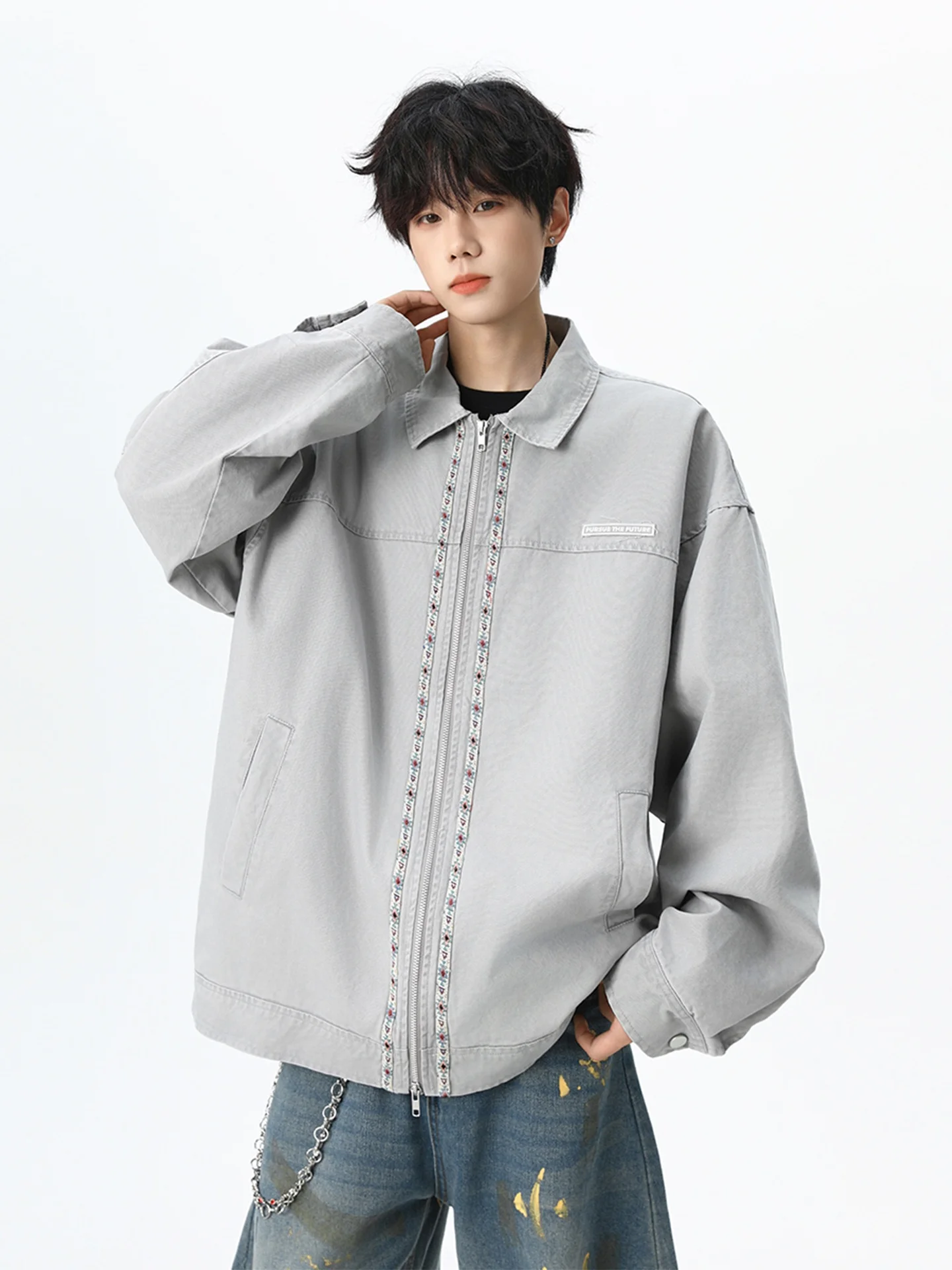 

American Retro Workwear Jaet Men's Spring Autumn Loose Casual Lazy Sle Waed Outfit Top Polyester Nylon Cosite Fiber