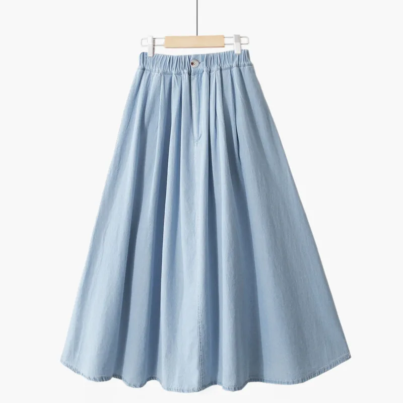 Fashion All-match Solid Color Casual Vintage Harajuku Elastic High Waist Streetwear A-Line Denim Skirt  New Summer