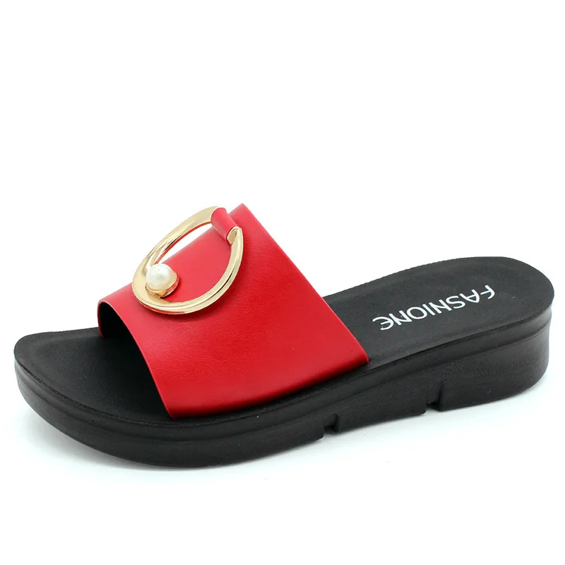 Summer mother large size soft bottom leather slippers women flat slip on comfortable beach slippers woman fashion shoes