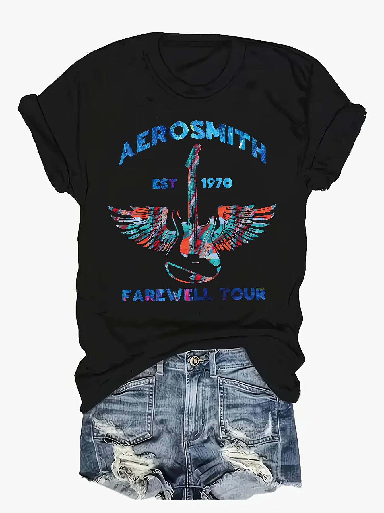 Plus Size AEROSMITH & Guitar Print T-shirt, Casual Short Sleeve Crew Neck Top For Spring & Summer, Women's Plus Size Clothing