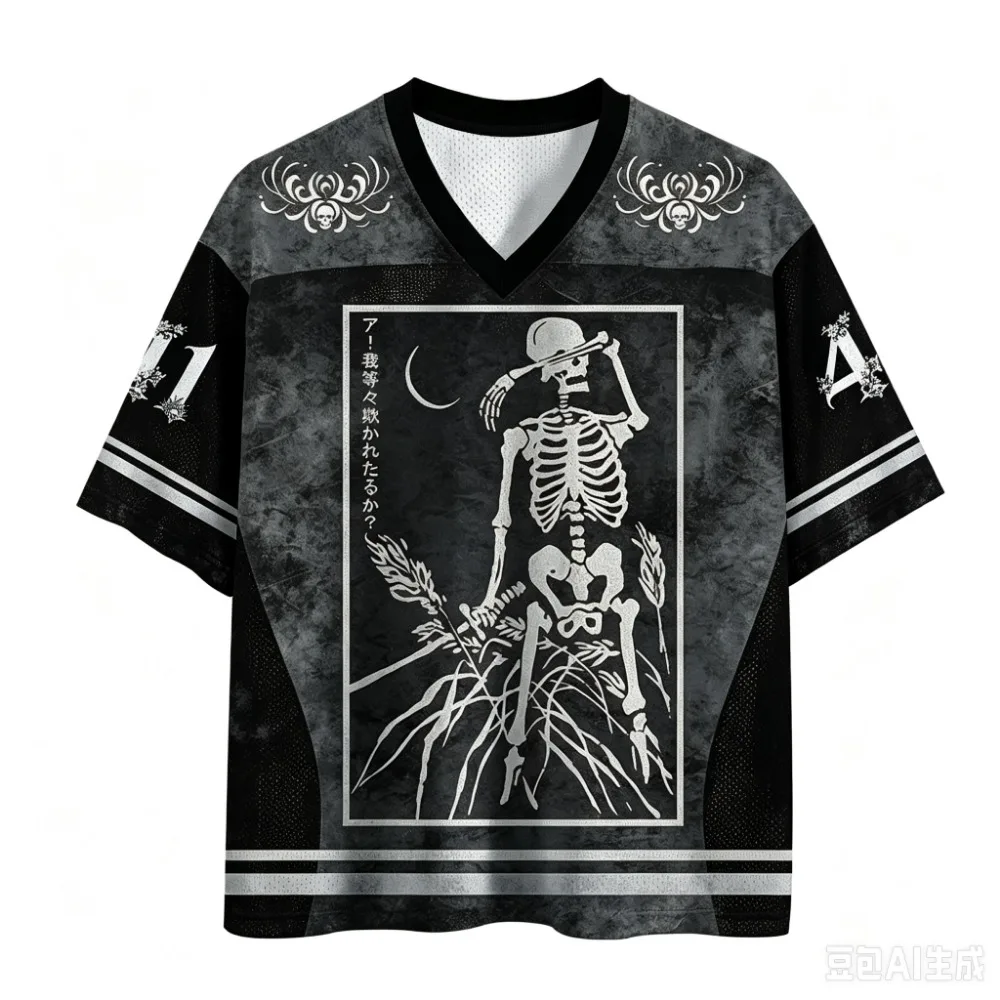 Japanese-style Skull Illustration3D Print Casual Street Punk Outdoor Fitness Men Plus-sizeV-neck T-shirt Large Size parent-child