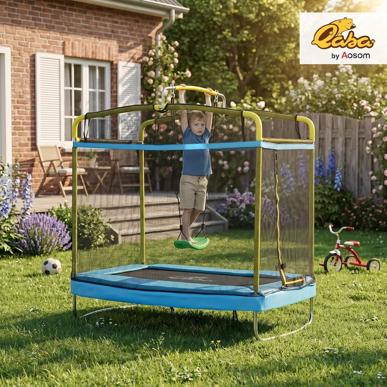 Trampoline for Kids, 6.9' Kids Trampoline with Enclosure, 3 in 1 Toddler Trampoline with Swing, Gymnastics Bar, for Indoor/Outdo