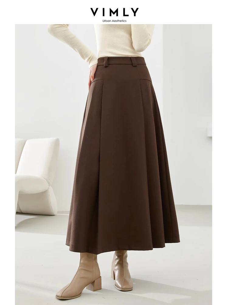 Vimly Black A-line Pleated Skirts for Woman 2023 Winter Thick Elegant Office Ladies Umbrella Maxi Skirt Female Clothing M5599