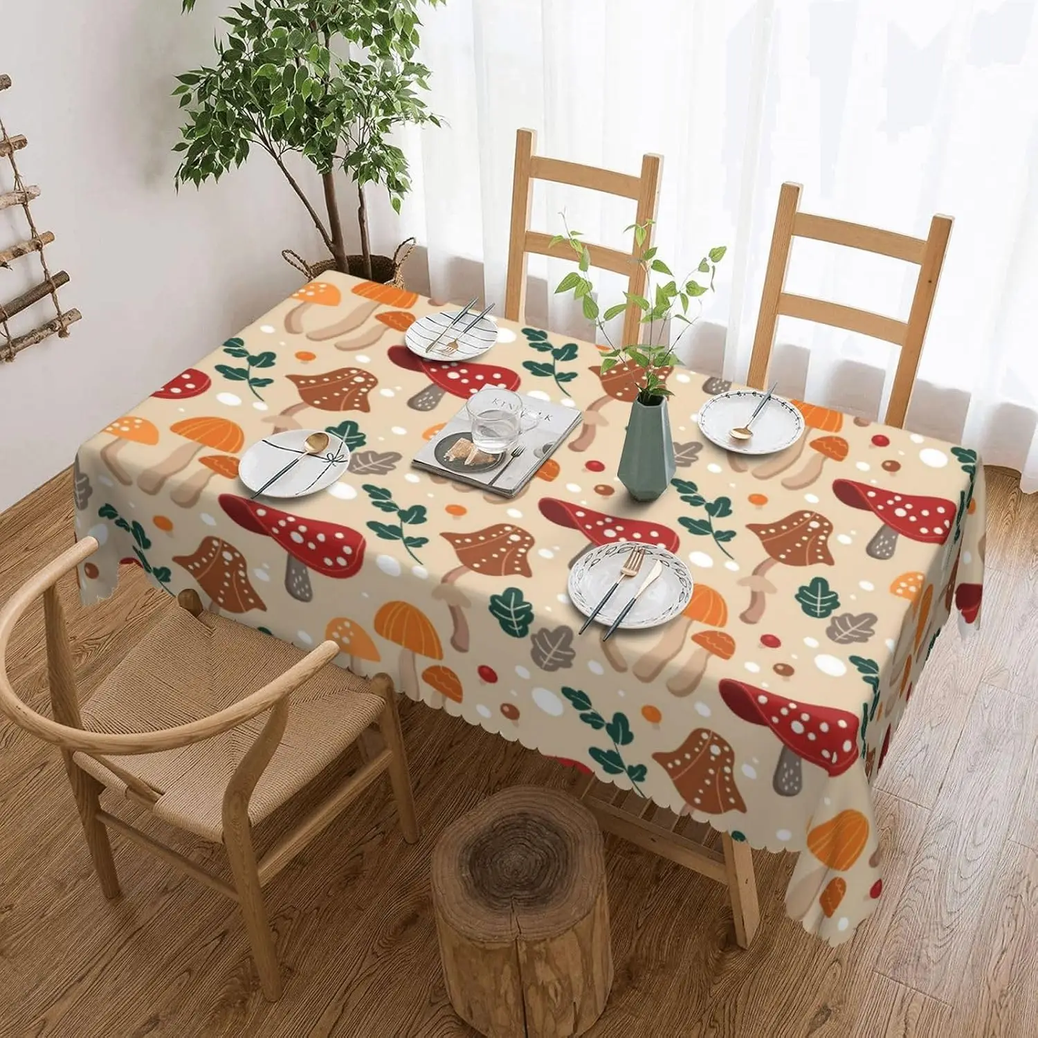 Mushroom Woodland Tablecloth for Dining Room, Cute Autumn Nature Pattern Table Cover Linen, Rustic Cottagecore Picnic Style Wash