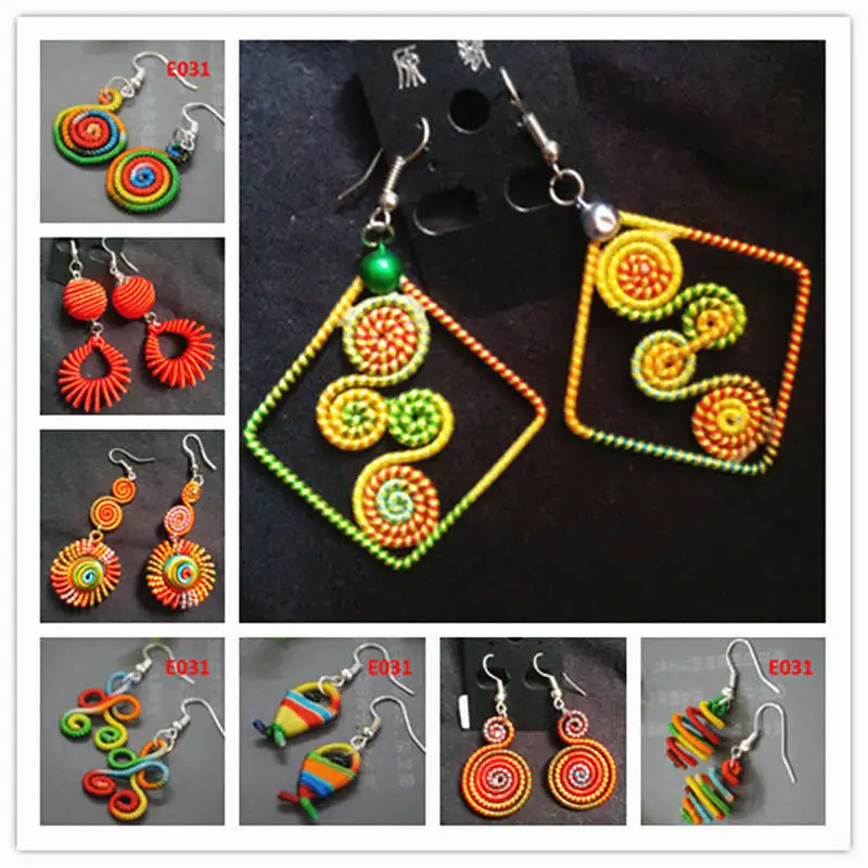 Mix 10PCS Miao Ethnic Hand Wrapped Colorful Silk Thread Cute Earrings for Girls E031