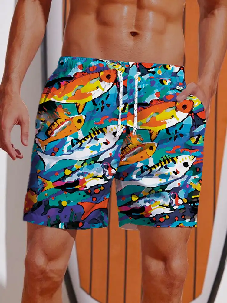 2024 3D Printed Hawaiian Vacation Style Printing Shorts Men's Casual Board Shorts Swim Trunks Drawstring Breathable Short Summer