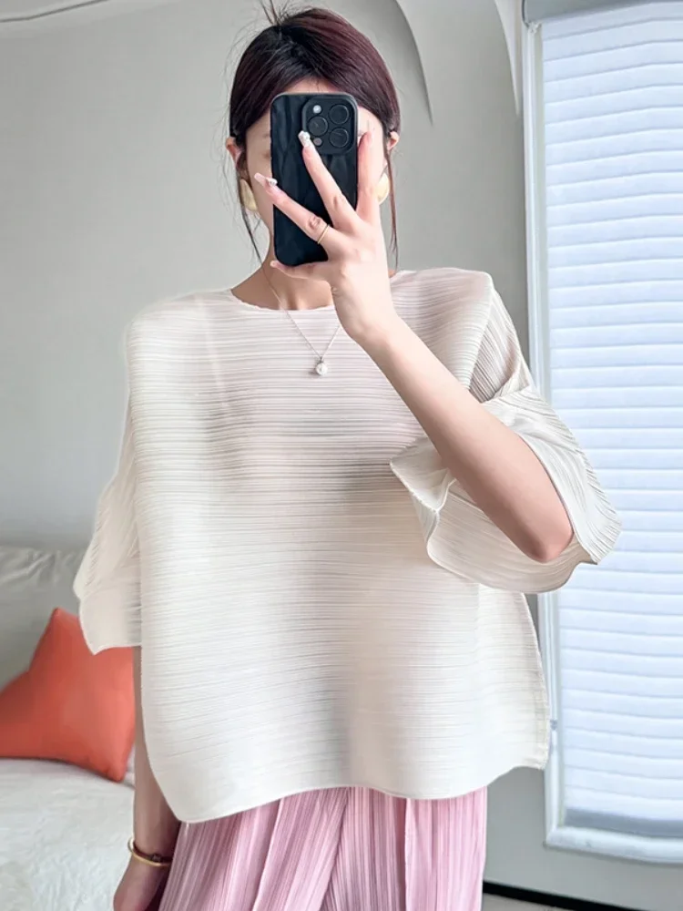 Chic Design Pleated Versatile Simple Solid Women Tops 2024 Summer Stretchy Flare Sleeve Loose Fashion Blouse Shirt Women Causal