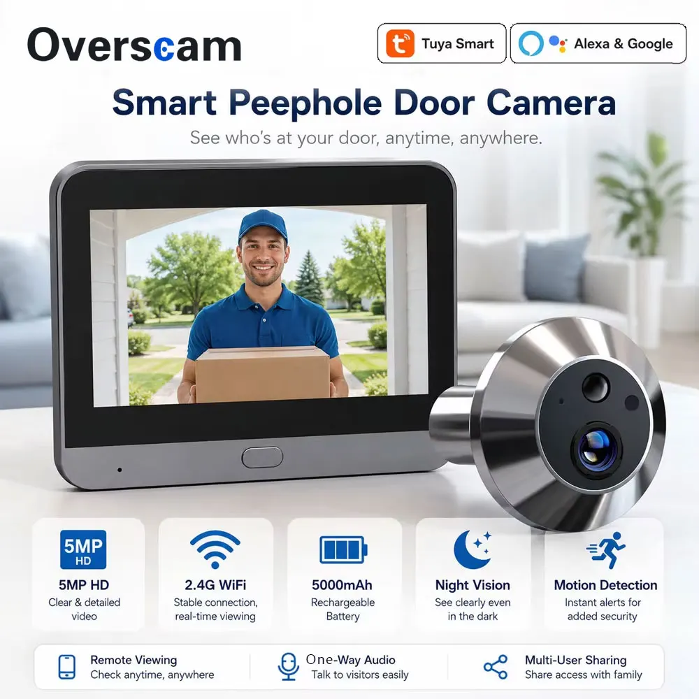 5MP Tuya Smart WiFi Peephole Door Camera 5000mAh Rechargeable Battery Motion Detection Smart Life Alexa Google Home Security