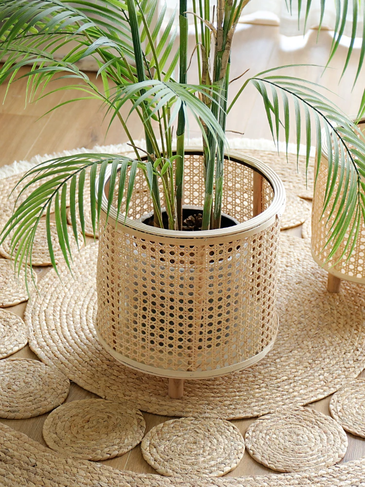 New Handwoven Wicker Flower Basket Bamboo Green Plant Stand Floor Decoration Balcony Garden Flower Rack European Style Wood