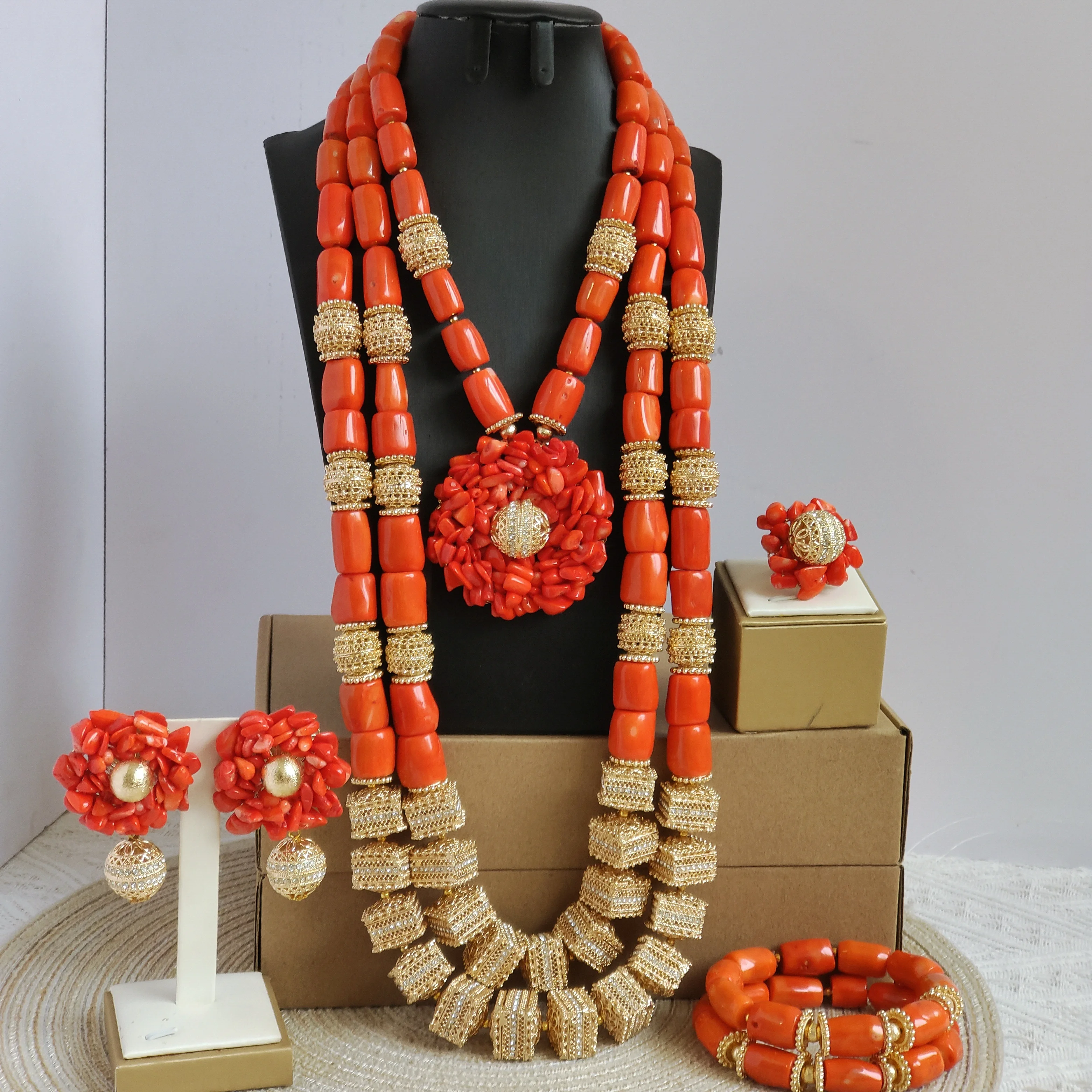 

Aczuv real orange coral jewelry set nigeria beads for traditional marriage