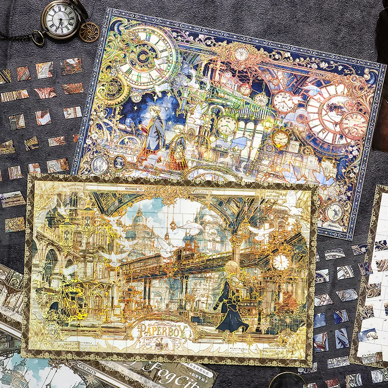 2 Style Fog City Past Series 3D Laser Hot Stamping Puzzle Sticker Miniature Scene DIY Stress Relief Collage Decorative Stickers