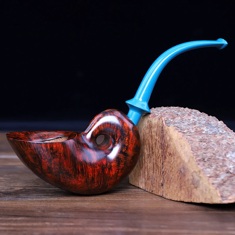 

MUXIANG-Briar Wood Smoking Pipes, Handmade Free Style, Briar Wood, Retro Tobacco Pipe, Flame Grain, Blue Bent Stem for Gentlemen