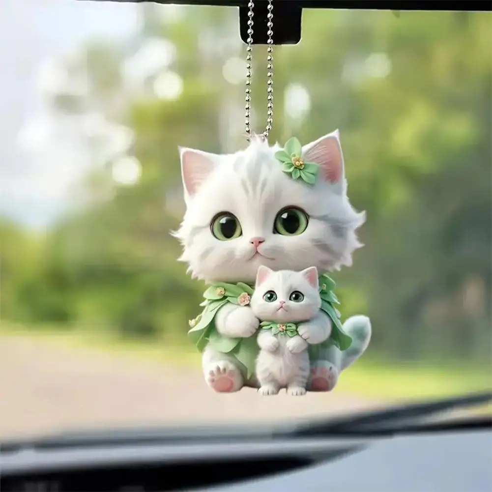 2D Flat Green Cloaked Kitten Cat Drinking Milk Tea Acrylic Keychain Car Rearview Mirror Bag Animal Hanging Pendant Accessories