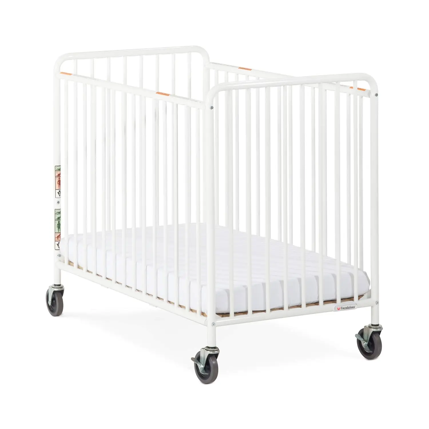 

Foundations Chelsea Slatted Metal Compact Evacuation Crib, 3" Oversized Casters, Compact Mini Size, Nonporous, Easy to Clean