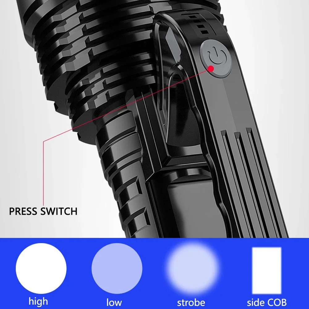 LED Flashlight USB Rechargeable Super Bright Handlight with COB Work Light Waterproof 4 Modes Portable Torch for Camping Lantern