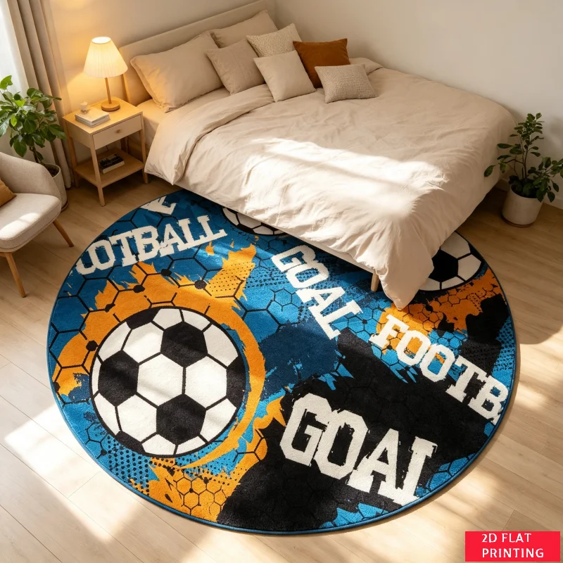 Soccer Goal Football Splatter Graphic Round Carpet For Sports Themed Room With Blue Orange Black Durable Carpet Art