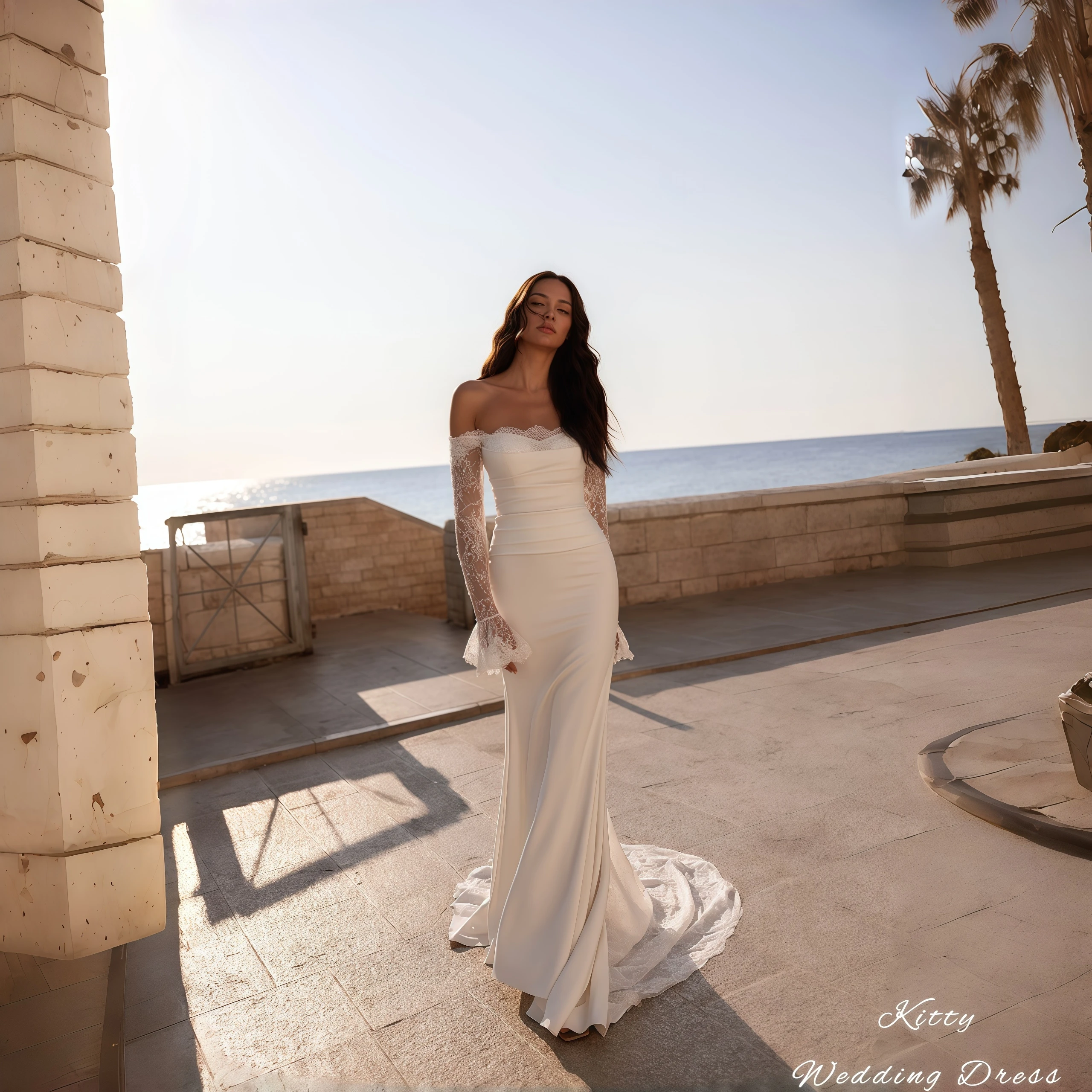 

Kitty Customized Elegant Wedding Dress Off-the-Shoulder Sweetheart Neck Lace Bell Sleeves Waist Satin Mermaid Train Bridal Gowns