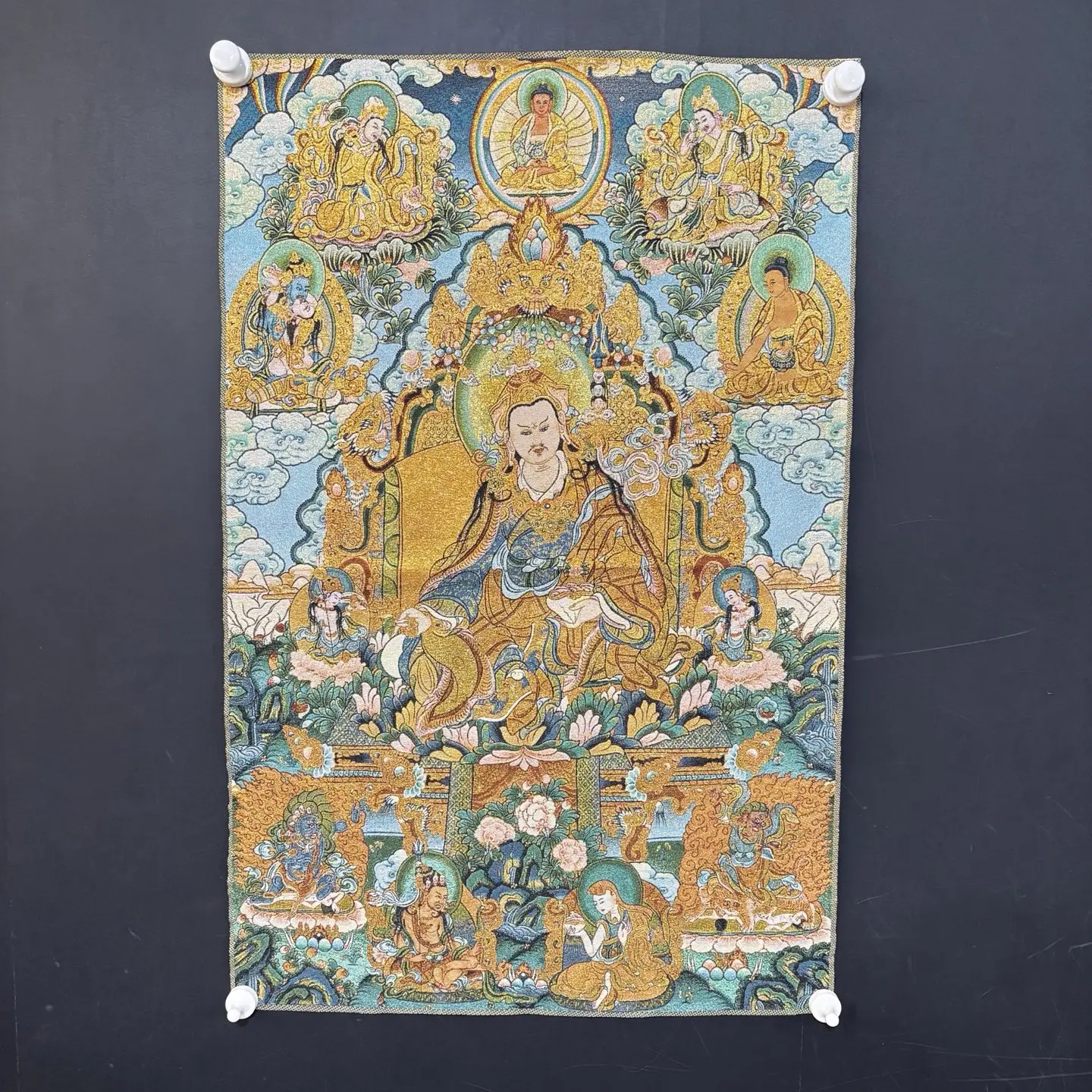 35' Old Thangka Embroidery Silk Brocade Padmasambhava Sitting Buddha 12 Buddha Patterns Thangka Hanging Screen Worship Buddha