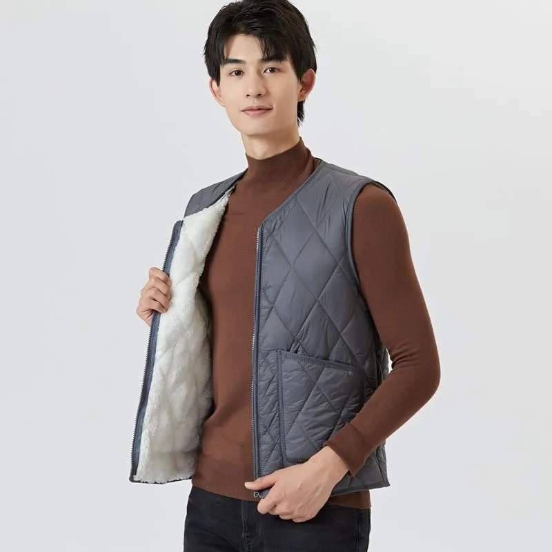 Heavyweight Fleece Lined Men's Vest Autumn Winter Slim Fit Cotton Jacket with Inner Heating Outerwear Layering Versatile Design