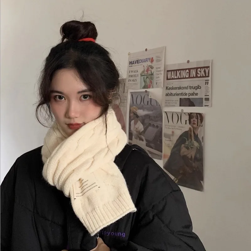 

Woolen Knit Scarf For Women Autumn And Winter Thickened Warmth For Students And Couples Pure Color Neck Warmer