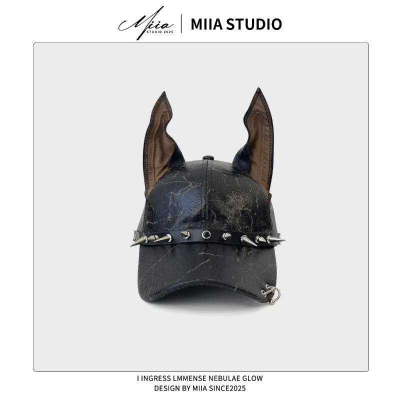 

Niche Punk Personality Doberman Ears PU Leather Baseball Cap Y2K Spring Autumn Street Trend Versatile Rivet Hip Hop Hats Women