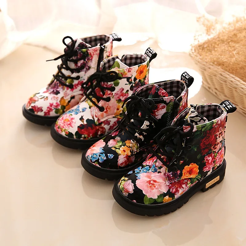 Floral PU Boots for Kids - Size 21-30 Boys Girls Leather Martin Fashion Toddler Shoes