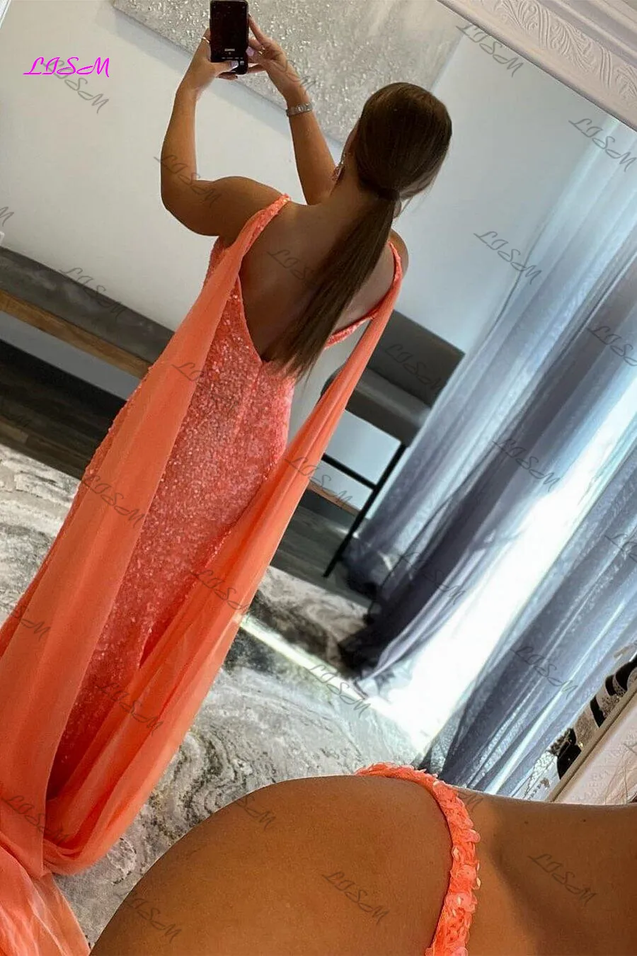 Vestido luxuoso de lantejoulas com fenda lateral, vestido longo de baile, vestido frisado brilhante, decote em v sexy, vestido sereia com trem, laranja e laranja