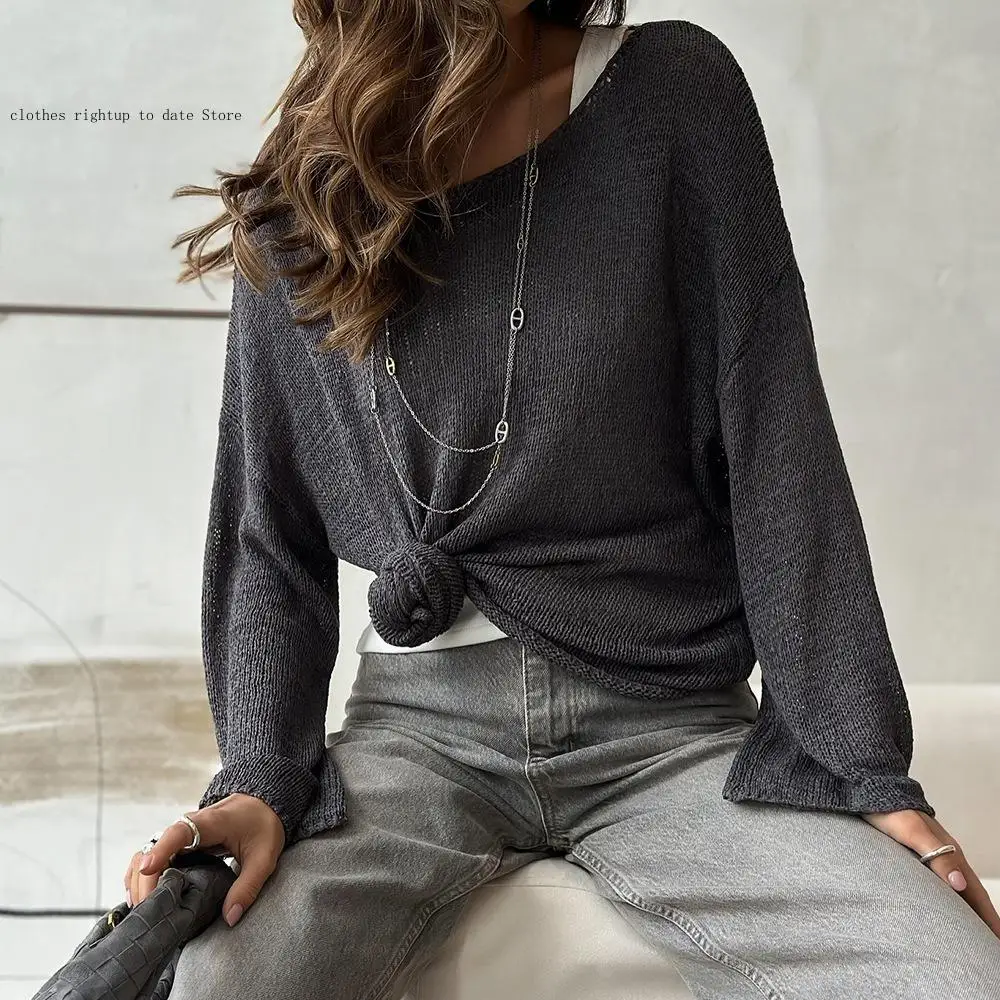 Spring and Summer Women Micro Perspective Versatile Elastic Loose Casual Simple Long Sleeved Cotton Knit Sweater