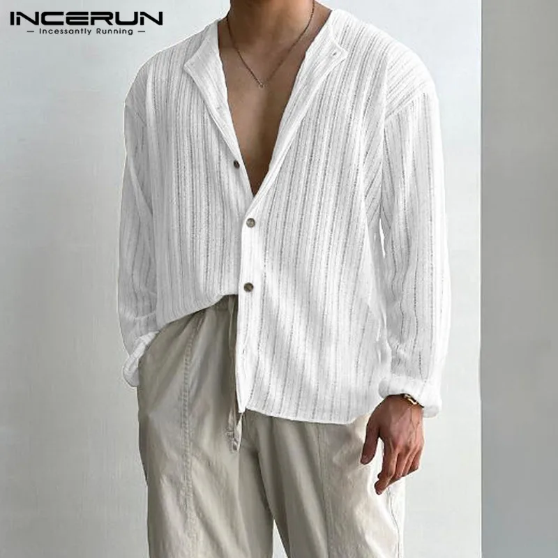 Men Shirt Striped V Neck Long Sleeve Button Knitted Autumn Men Clothing 2023 Korean Style Streetwear Casual Shirts S-5XL INCERUN