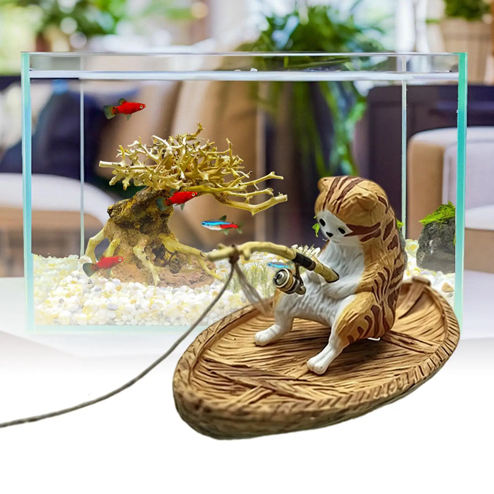 Aquarium-Dekorationen Kreatives Katzen-Angelboot Aquarium-Ornament Harz-Kätzchen Angler Fischbecken-Deko Garten-Teich-Landschaftsgestaltung – Detail 8