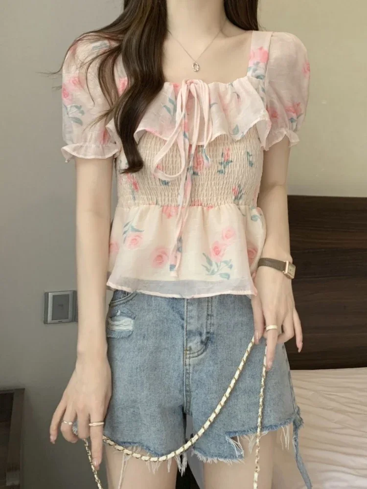 Fashion Sweet Blouses Squard Collar Puff Sleeve Ruffles Pleated Lace Up Shirts Summer Crop Tops Female Slim 2024 Women Clothing