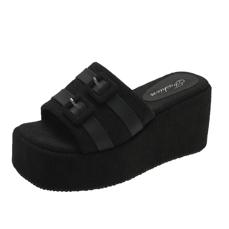 Small Fragrant Style Fashionable Slop Heel Beach Slippers Fashionable Small Buckle Roman Slippers