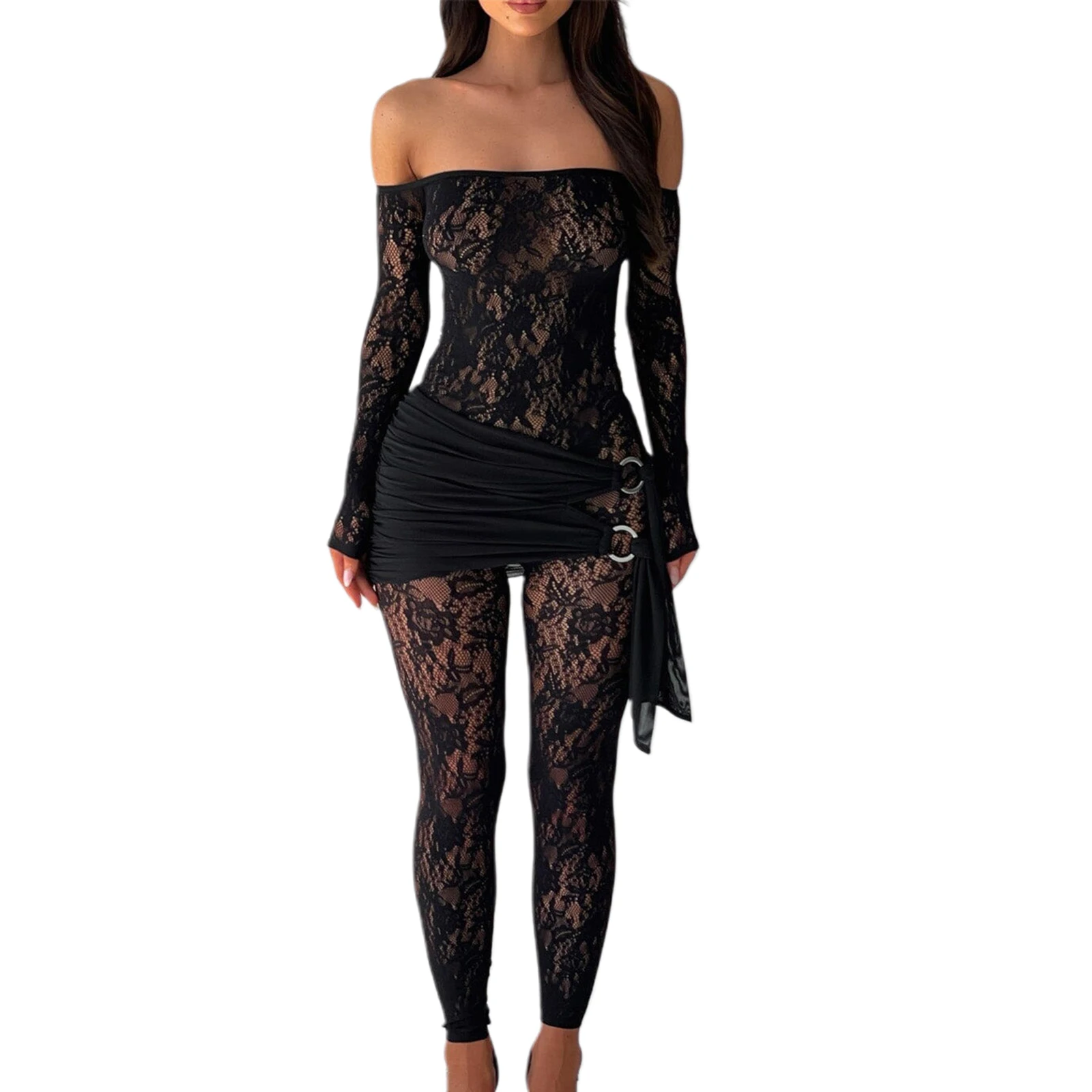 Thorn Tree Women Sexy See Through Off Shoulder Mesh Long Sleeve Cut Out Rompers Off-Shoulder Lace Patchwork Slim Fit Jumpsuits