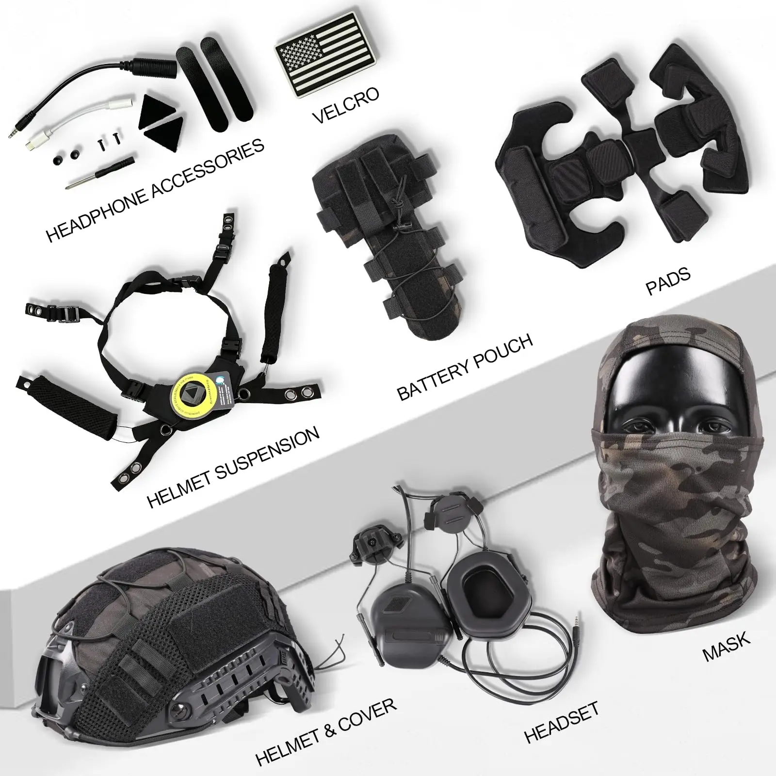 Tactical Helmet Set with Cover Battery Pouch Fcae Mask Rotatable Headset All-in-One Tactical Kit for Outdoor CS Games Cosplay
