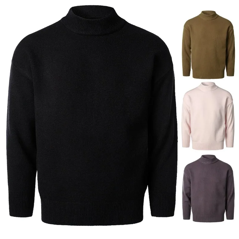 Winter Loose Men's Solid Color Knitted Sweater Semi-turtleneck Shoulder-sleeved Sweater Bottoming Shirt