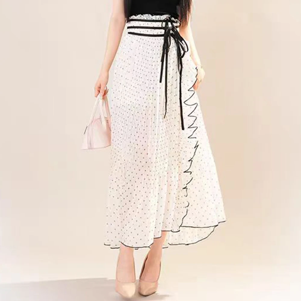 White beautiful polka dot French new women's summer straps medium and long irregular ruffle edge polka dot skirt