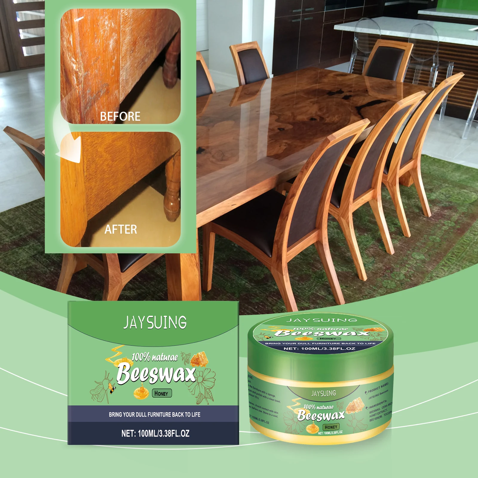 Natural Beeswax Wood Care Wax Waterproof Scratch Remove Wooden Floor Maintenance Brighten Nourish Care Wood Furniture Polish Wax