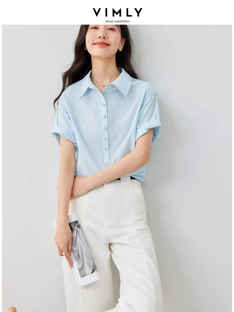 Vimly French Style Pink Short Sleeve Polo Collar Blouse Women 2024 Summer Lapel Straight Casual Button Up Women\'s Shirt M6920