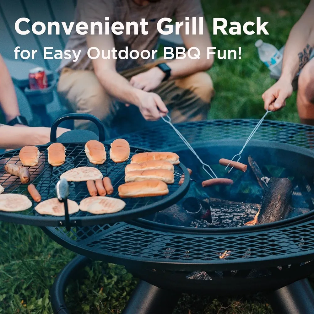 حفرة نار كبيرة محروقة للخشب في الهواء الطلق مزدوجة الأغراض مع شواية قابلة للتعديل، مثالية لحرائق الفناء