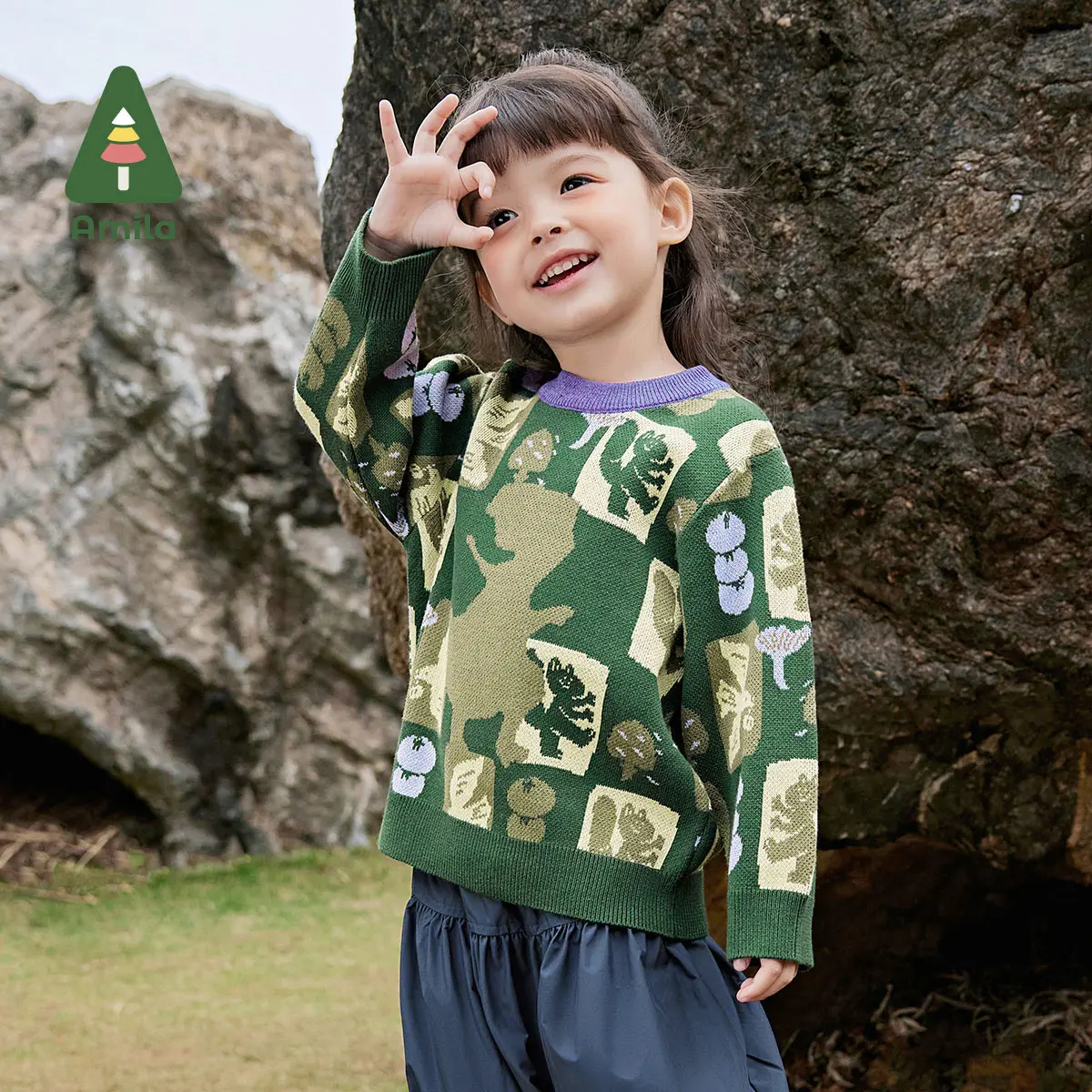 Amila Baby Sweater 2024 Autumn New Boys And Girls Cartoon Round Neck Animal Plant Soft Breathable Full Print Children‘s Pullover