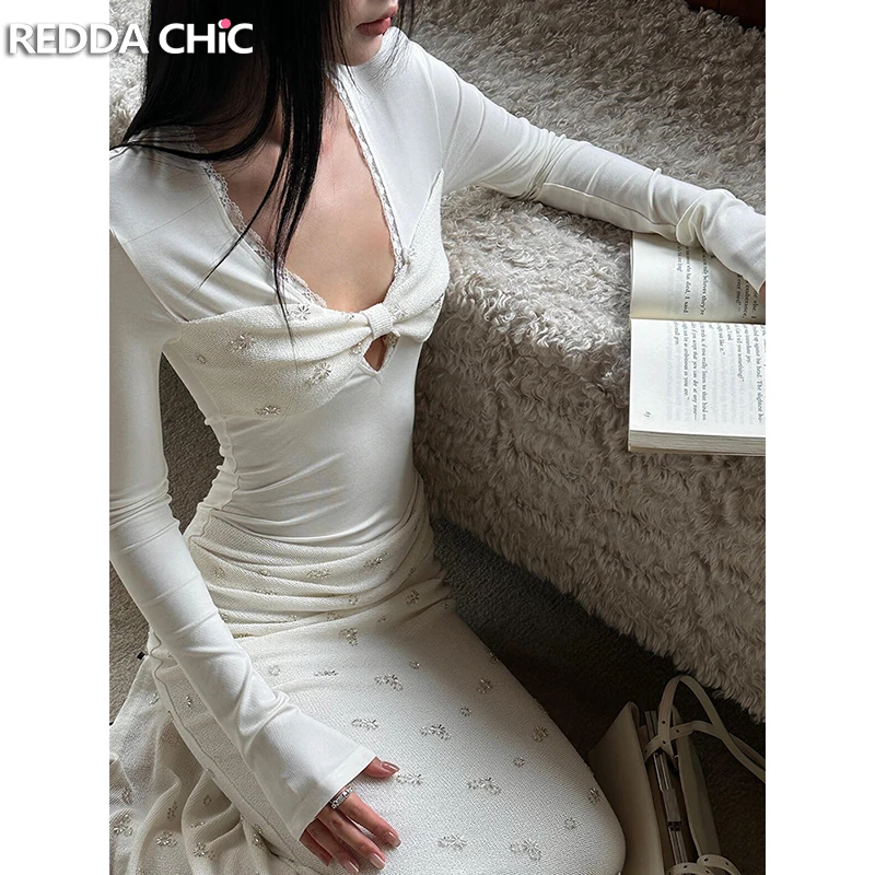 

REDDACHiC Белое платье-корсет с длинными рукавами и глубоким V-образным вырезом, украшенное бантом и бисером, трикотажное облегающее платье для вечеринок, элегантная одежда