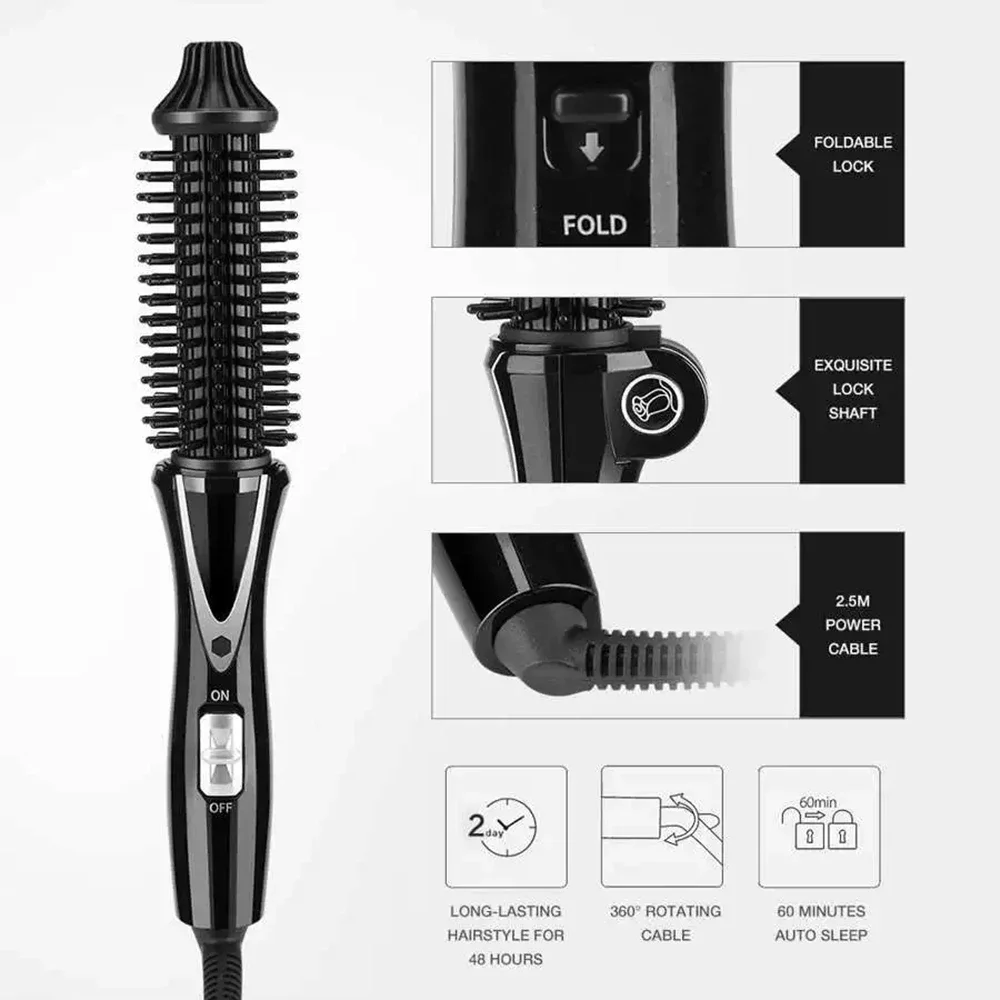 

#Folded Hair Curler Brush Barrel Curling Iron Wand Mini Handle Hot Comb Rollers Ceramic Electric Round Heated Anti-scald