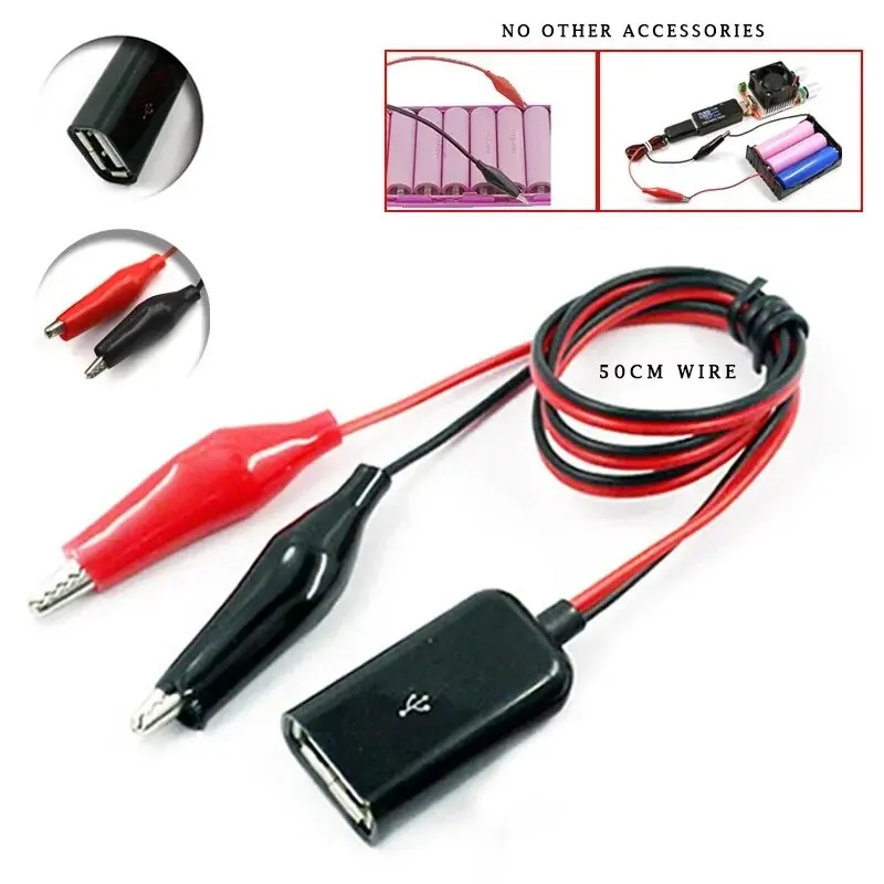 50cm Red And Black Wire Alligator Test Clips Clamp To USB Female Connector Power Adapter Supply