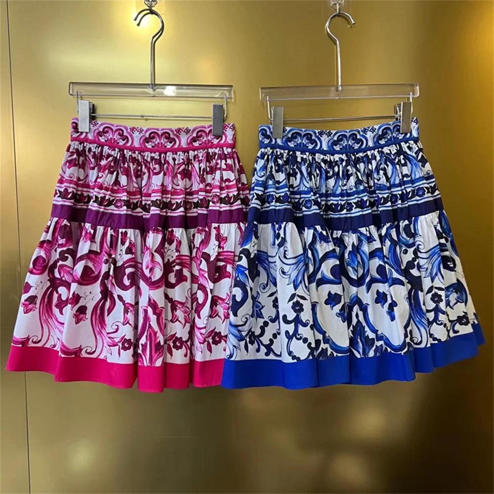 HIGH QUALITY  Summer Women  Fuchsia And White  Porcelain Print Cotton Corset Top and Mini Skirt Set  Fashion Holiday Outfit 2024