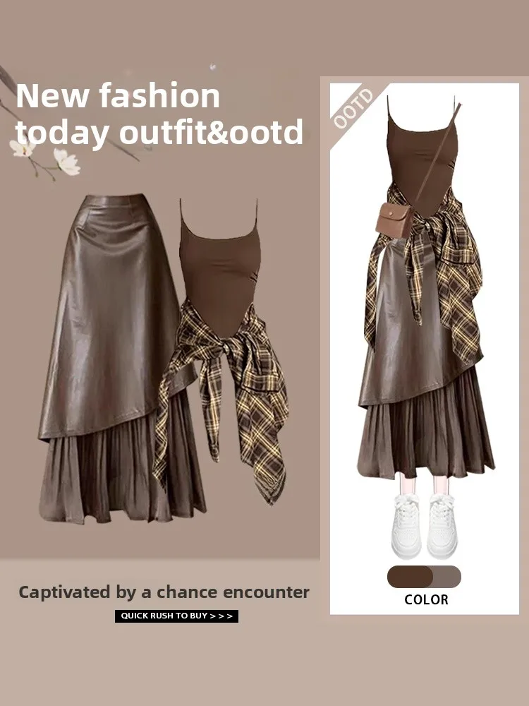 

Модный универсальный свободный крой в клетку, ранняя осень, новый комплект асимметричной юбки с высокой талией и американским ремешком