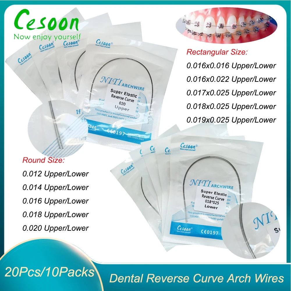 20Pcs/10Packs Dental Orthodontic Niti Arch Wires Reverse Curve Super Elastic Round Rectangular Upper/Lower Dentistry Materials