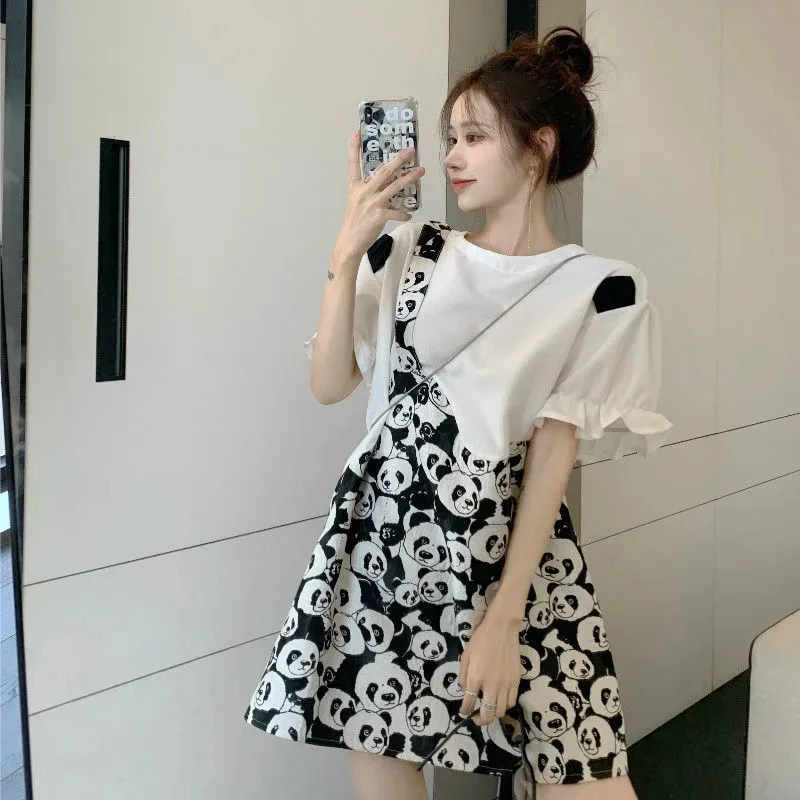 2024 Summer New Printing Mini Dress Short Sleeve O-Neck Loose All-match T Shirt Dress Casual Fashion Women Clothing