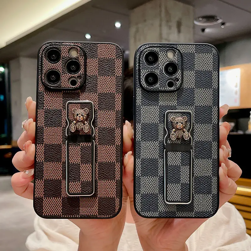 New trendy plaid teddy bear holder 15 Promax phone case 14 plus full package 13 Pro anti drop 12 pro Fashion 11P protective case